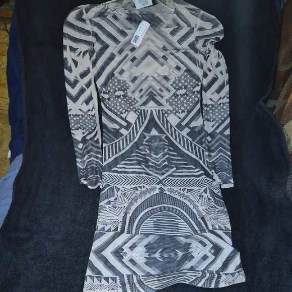 Brown, Cream And Tan Monochrome Geometric Long Sleeve Dress - Picture 5 of 5